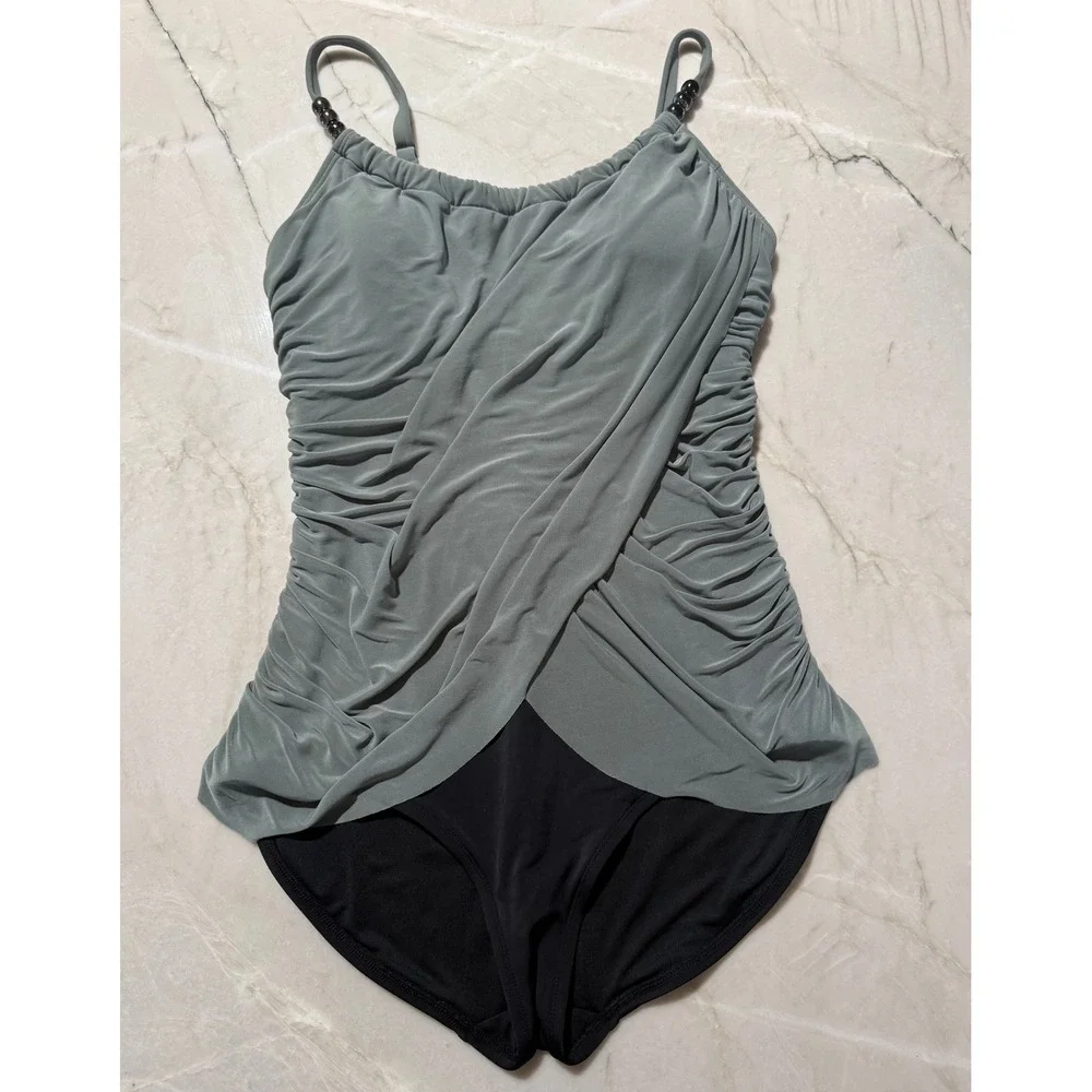 Magicsuit Crossover Shirred Swimdress Draped One Piece Swimsuit Sage Black 12
